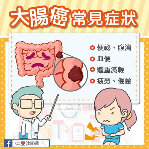 大腸癌常見症狀包括：排便習慣改變(如：便祕、腹瀉)、血便、暗紅色糞便、糞便形狀變細而硬等。